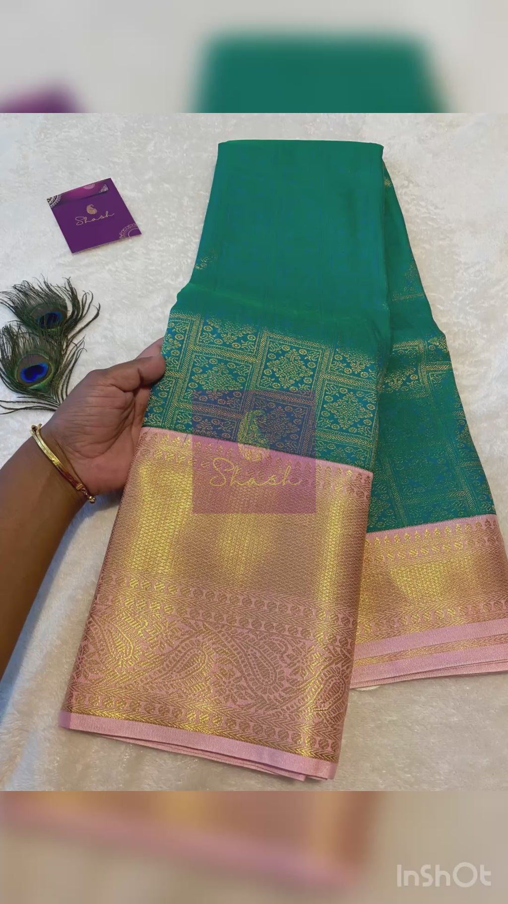 Emerald Green Semi-Kanchipuram Silk Saree with Baby Pink Zari Border & Woven Pallu