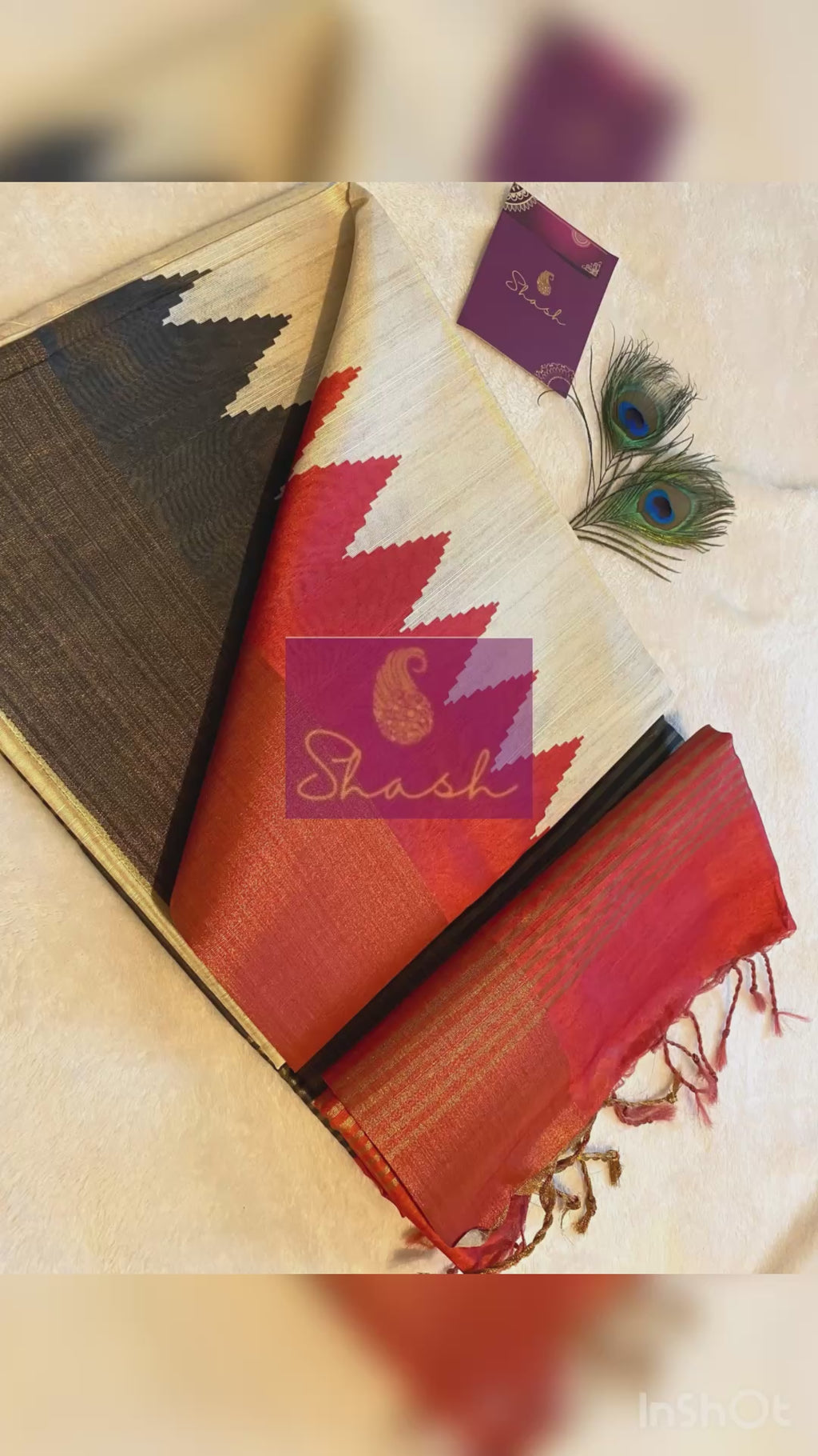 Cream Semi-Jute Tussar Saree with Ganga Jamuna Temple Border