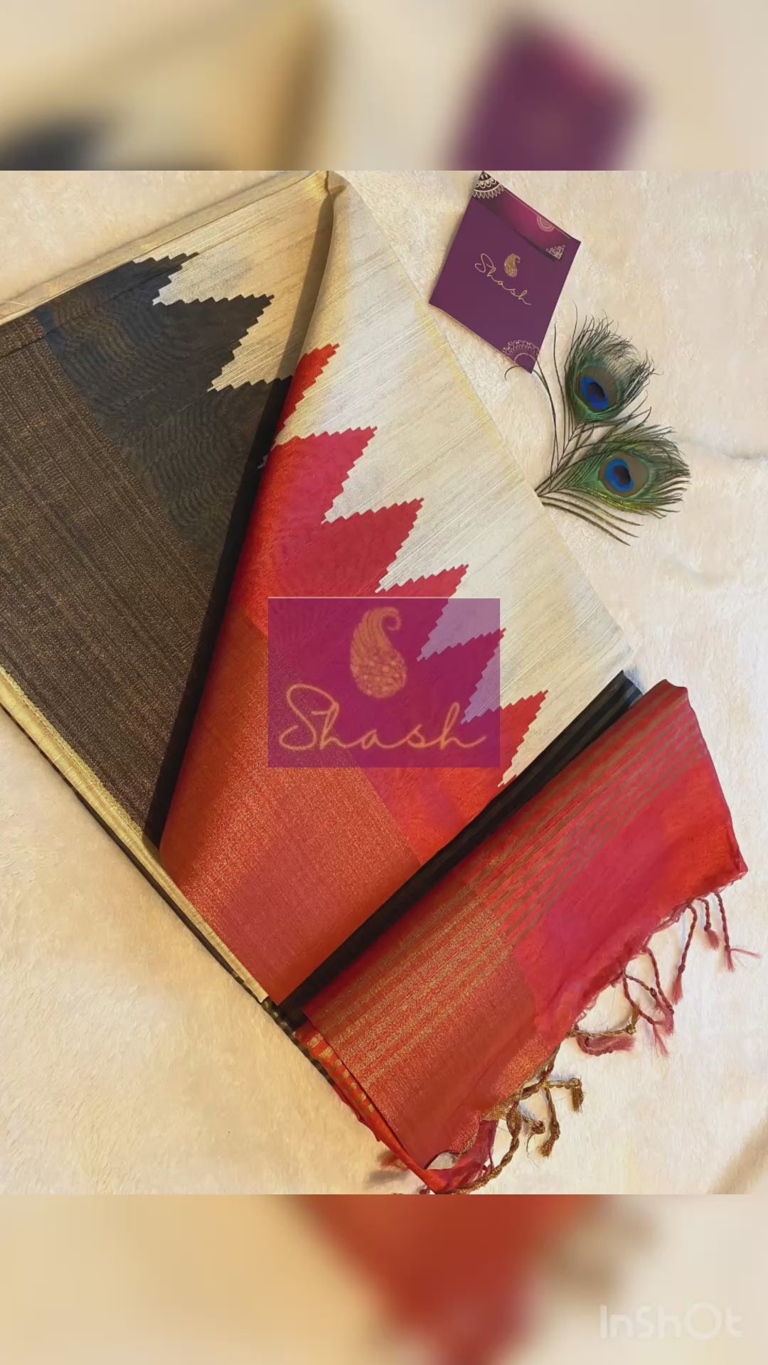 Cream Semi-Jute Tussar Saree with Ganga Jamuna Temple Border