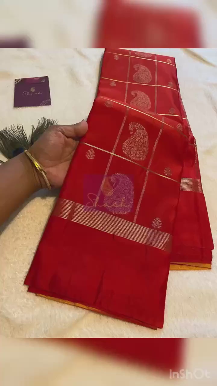 Reddish Orange Semi-Kanchipuram Silk Saree with Rich Mustard Pallu and Zari Butta | Traditional Indian Silk Saree | UK Seller