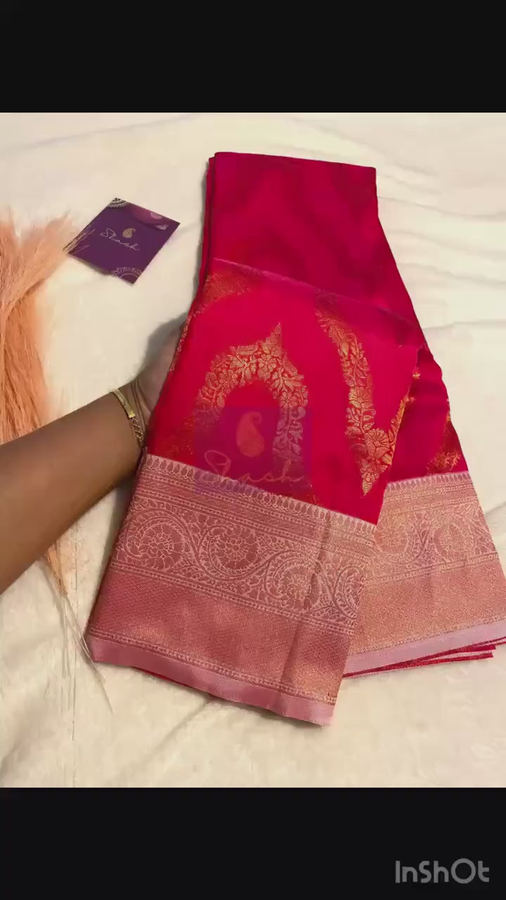 Deep Pink Semi-Soft Silk Saree with Antique Gold Zari Border