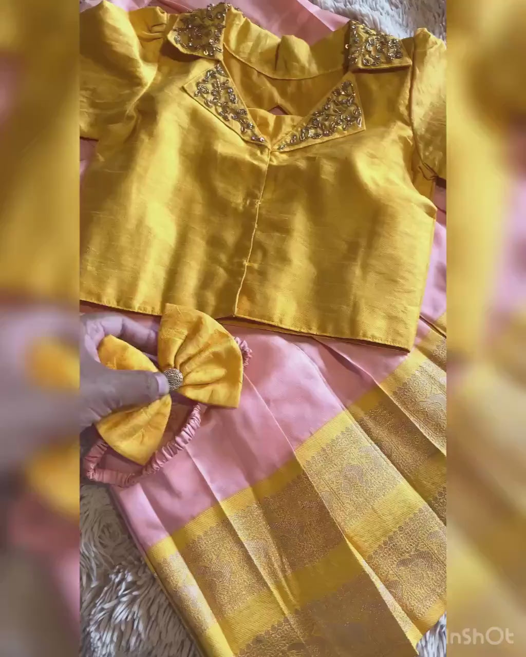 Yellow & Pink Kanchi Pattu Pavada for Kids 2–3 Y | Indo-Western Crop Top Set