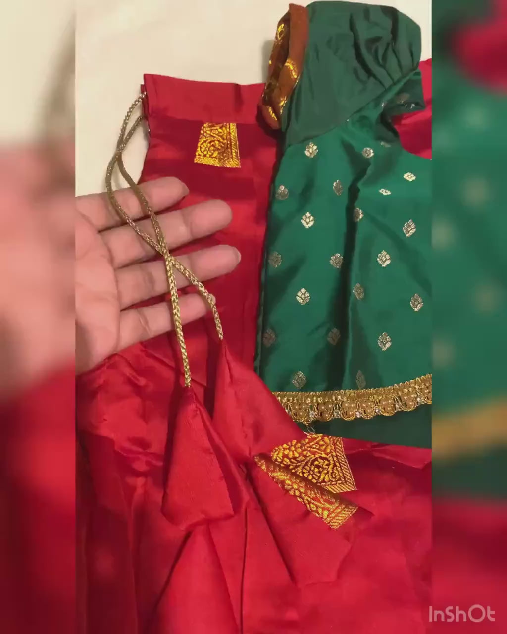 Green & Red Semi-Silk Pattu Pavada for Kids for 1-2 Y | Kids Lehenga Set