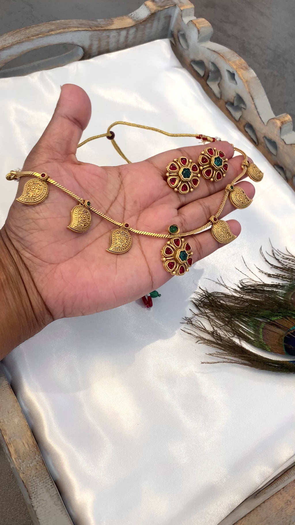 Antique Gold-Tone Ruby & Green Necklace Set