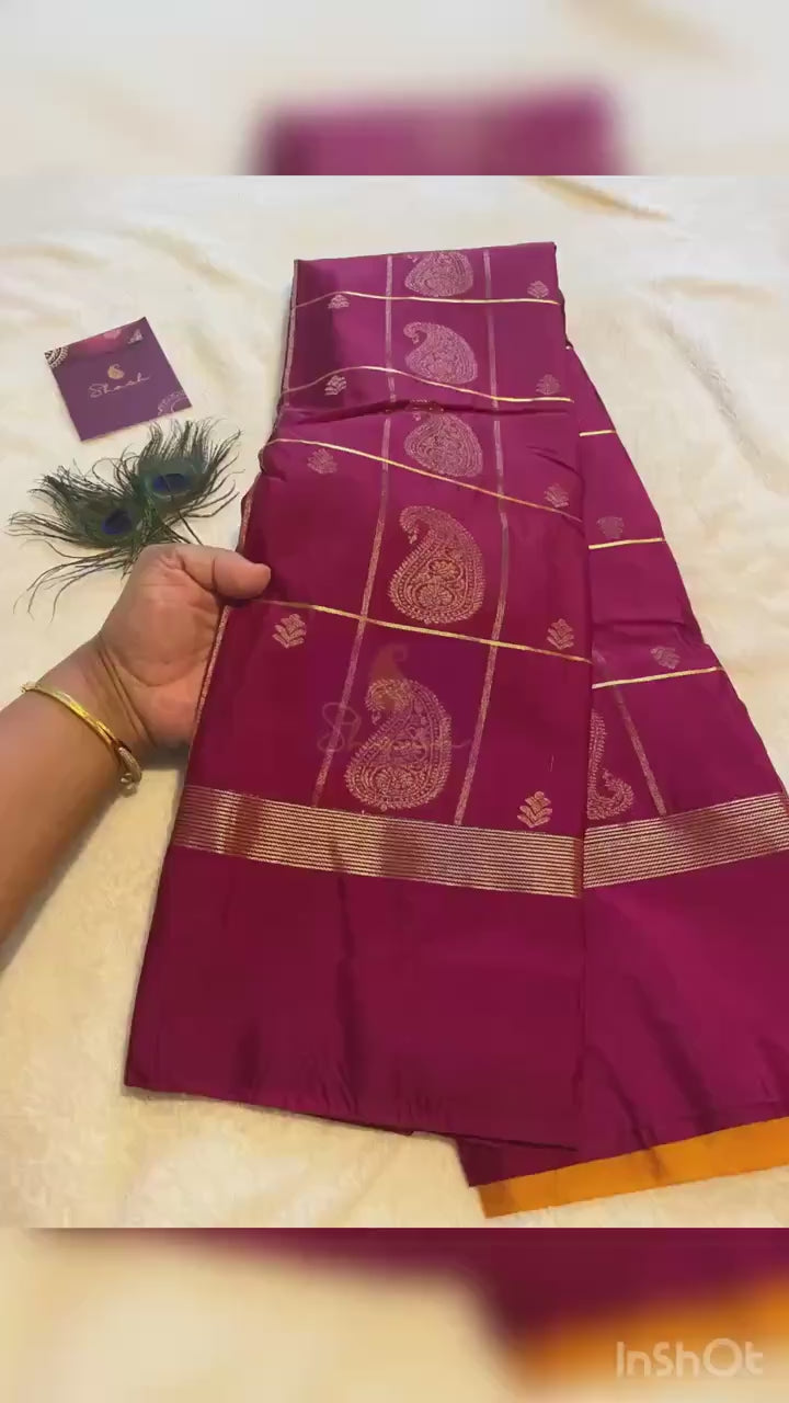 Deep Magenta Semi-Kanchipuram Silk Saree with Mustard Pallu