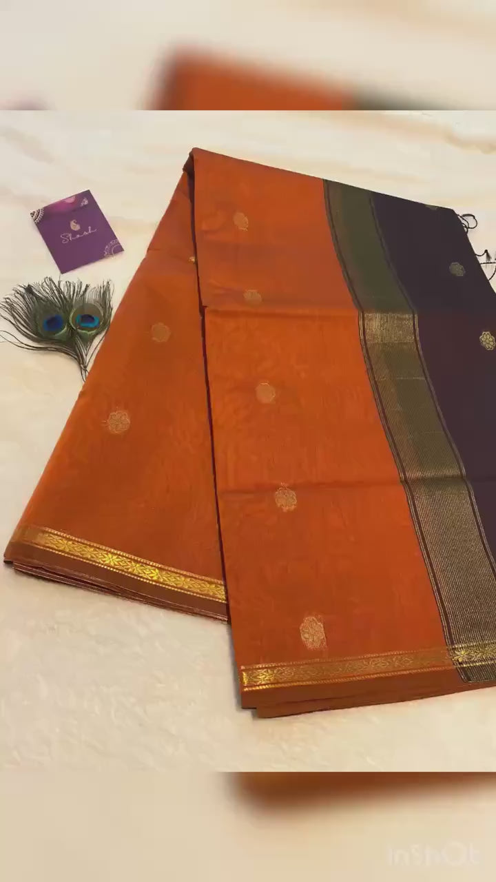Maheshwari Cotton Silk Saree – Rust Orange with Dark Plum Pallu & Blouse