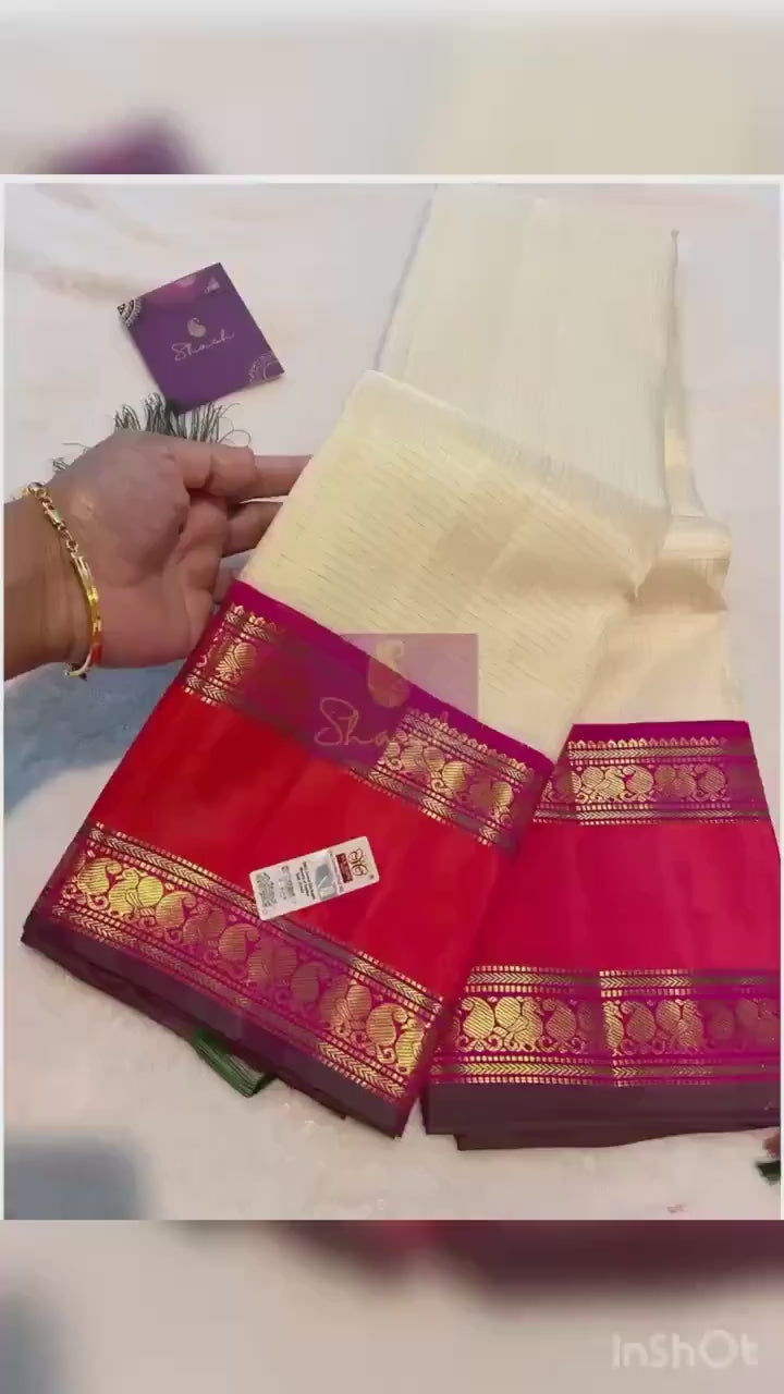 Pure Handloom Kanchipuram Silk Saree | Off-White with Reddish Orange & Magenta Zari Border