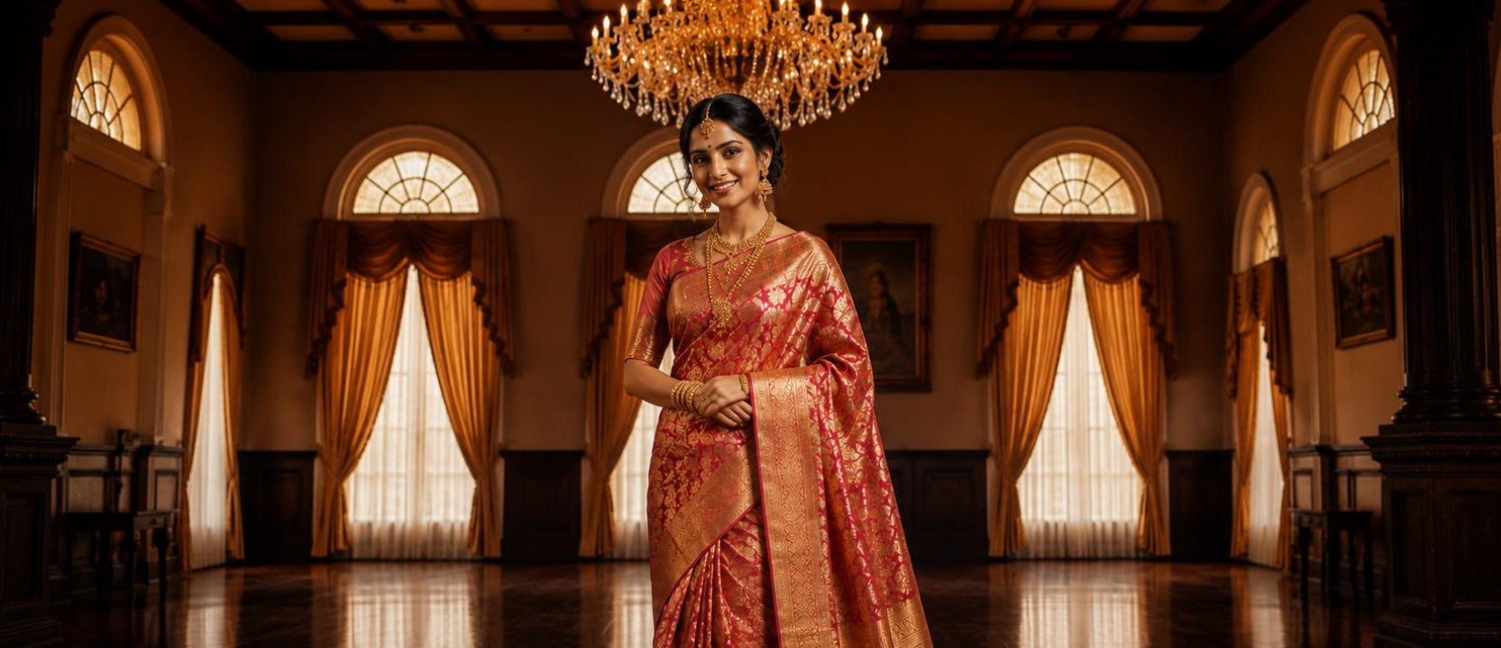 Woman in a red saree standing in an elegant room with chandelier and large windows.
